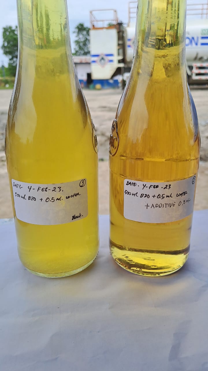 After bottle test with untreated fuel cloudy and treated fuel clear