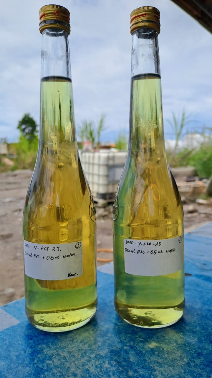 Before bottle test with untreated fuel on the left and treated fuel on the right